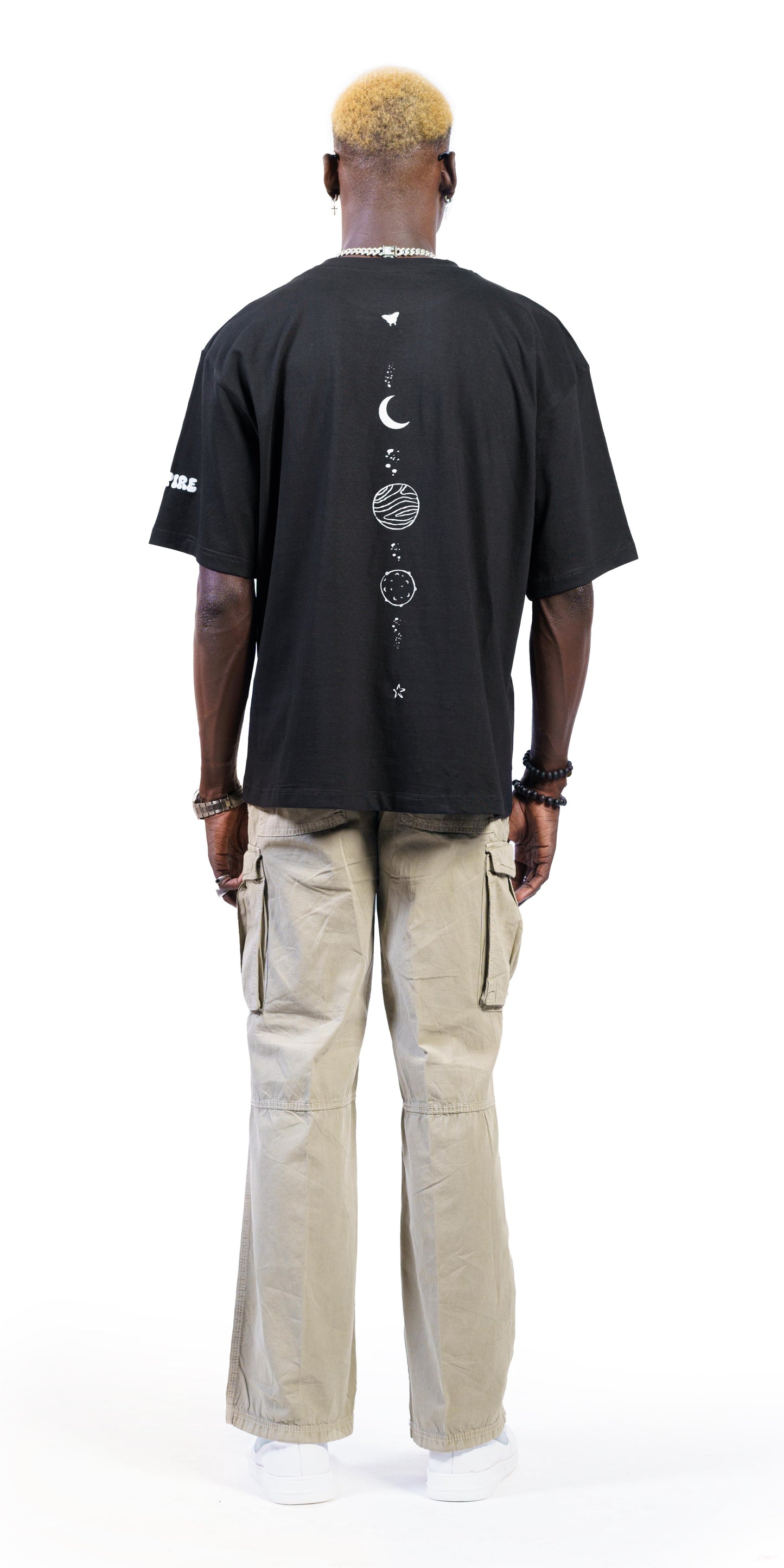 'Puffed Celestial Cascade' Black Oversized Tee