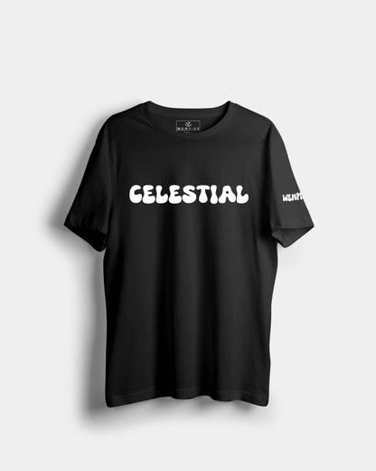 'Puffed Celestial Cascade' Black Oversized Tee